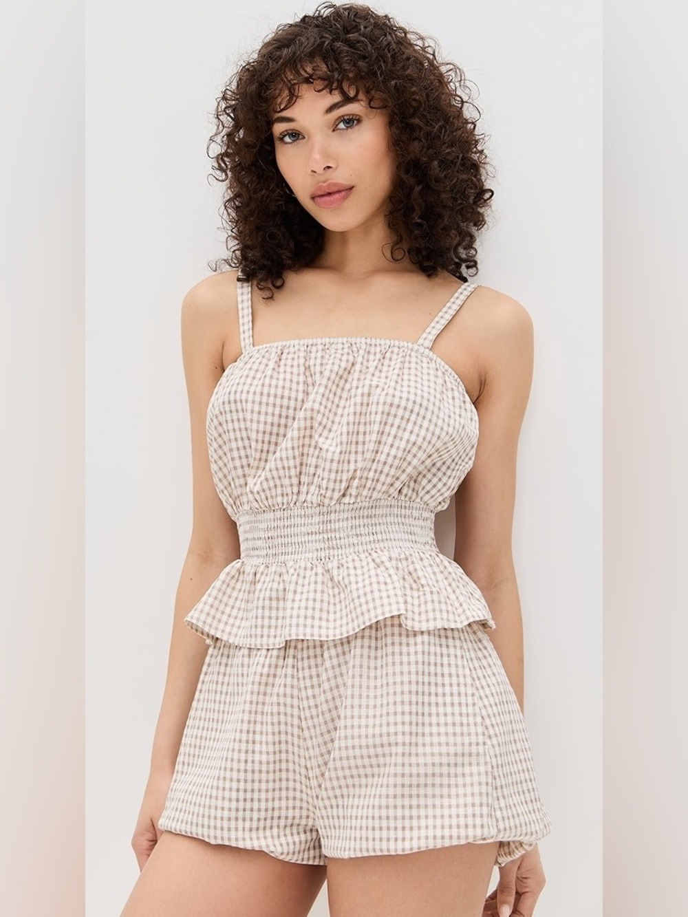 Blank NYC Revolve Matching Linen Gingham Set with Peplum Top and Bubble Shorts